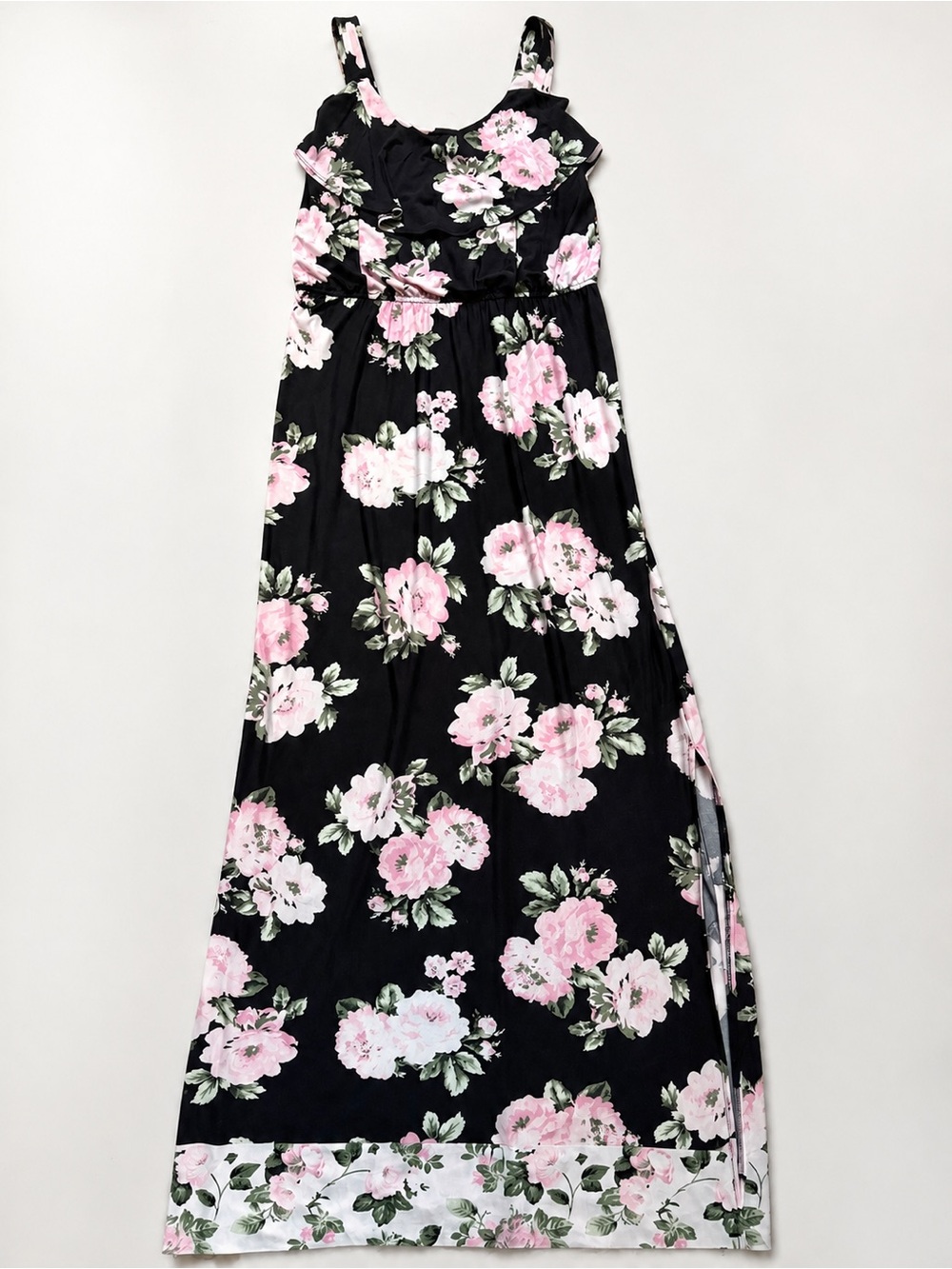 Black Floral Maxi Dress with Pink Roses